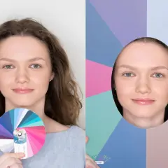 Kobieta z kołem kolorów, które sugeruje typ urody lato. Po prawej jej twarz w otoczeniu pastelowych barw.