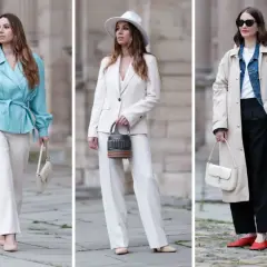 Eleganckie stylizacje na komunię ze spodniami: błękitny żakiet, kremowy garnitur i beżowy trencz z czarnymi spodniami.