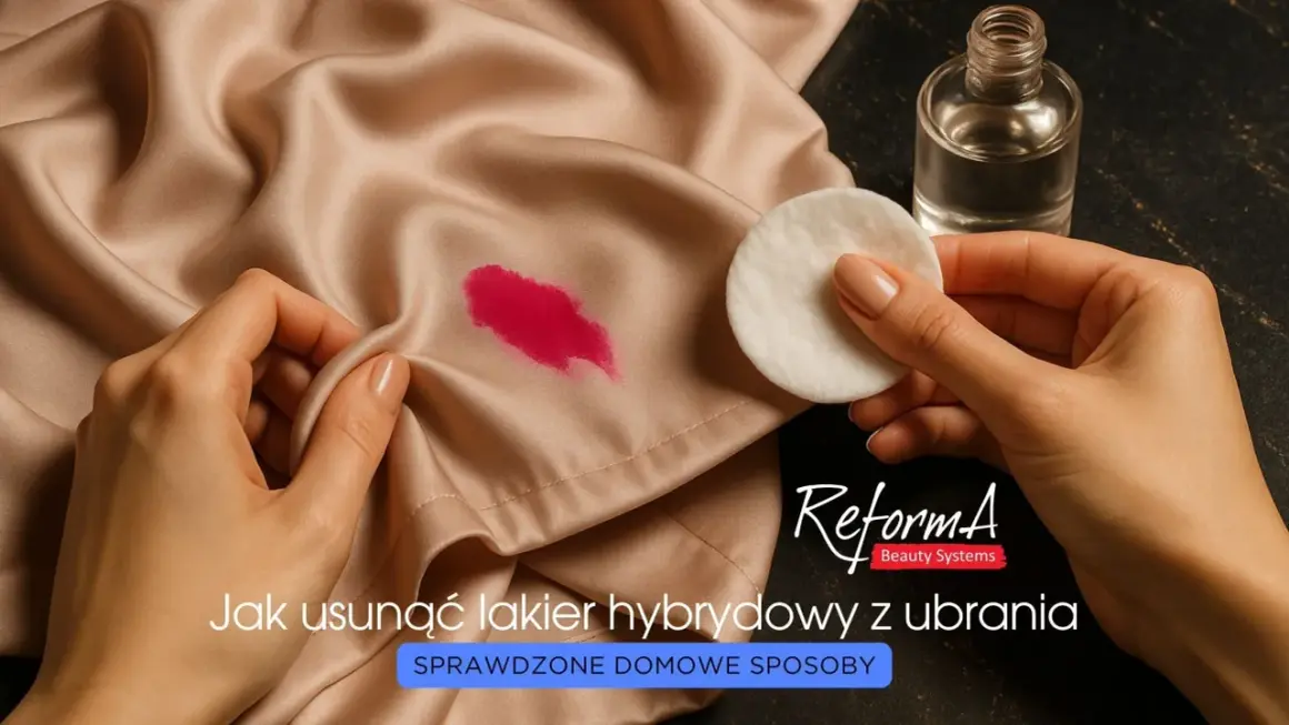 Jak zmyć lakier hybrydowy z ubrania? Wacik nasączony płynem do usuwania lakieru i plama na satynowej tkaninie.