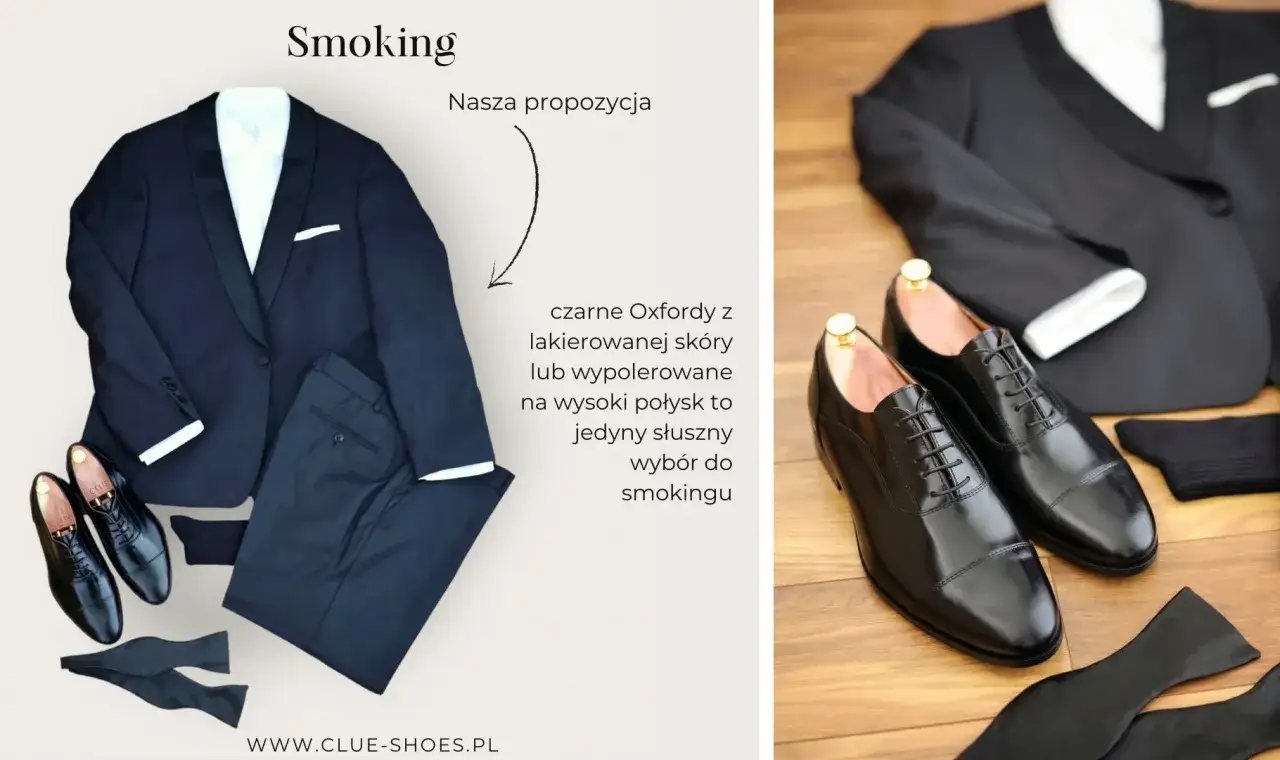 Elegancki smoking z białą koszulą, czarną muszką i lśniącymi, czarnymi Oxfordami – idealne buty do smokingu.