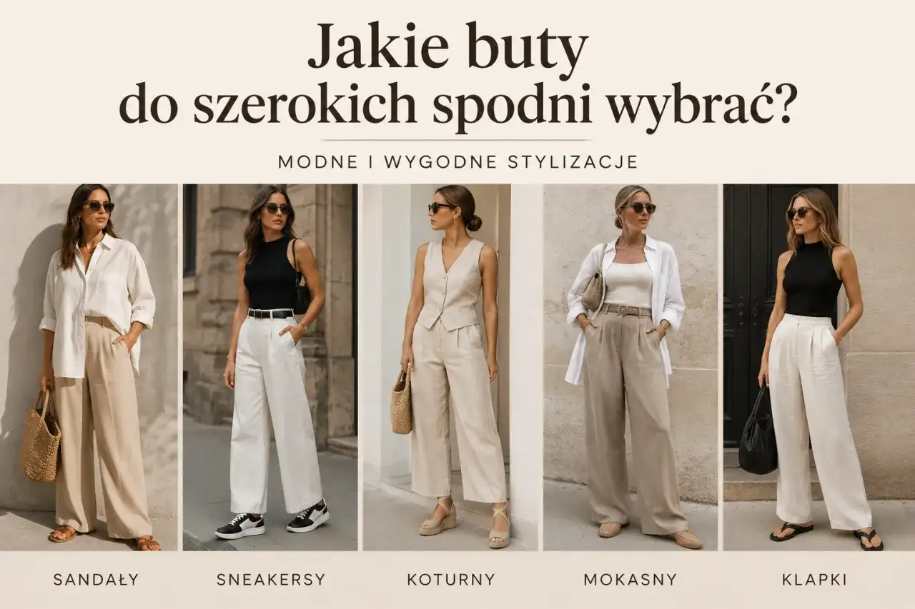 Stylizacje z szerokimi spodniami: jakie buty wybrać? Sandały, sneakersy, koturny, mokasny i klapki – zobacz modne propozycje.
